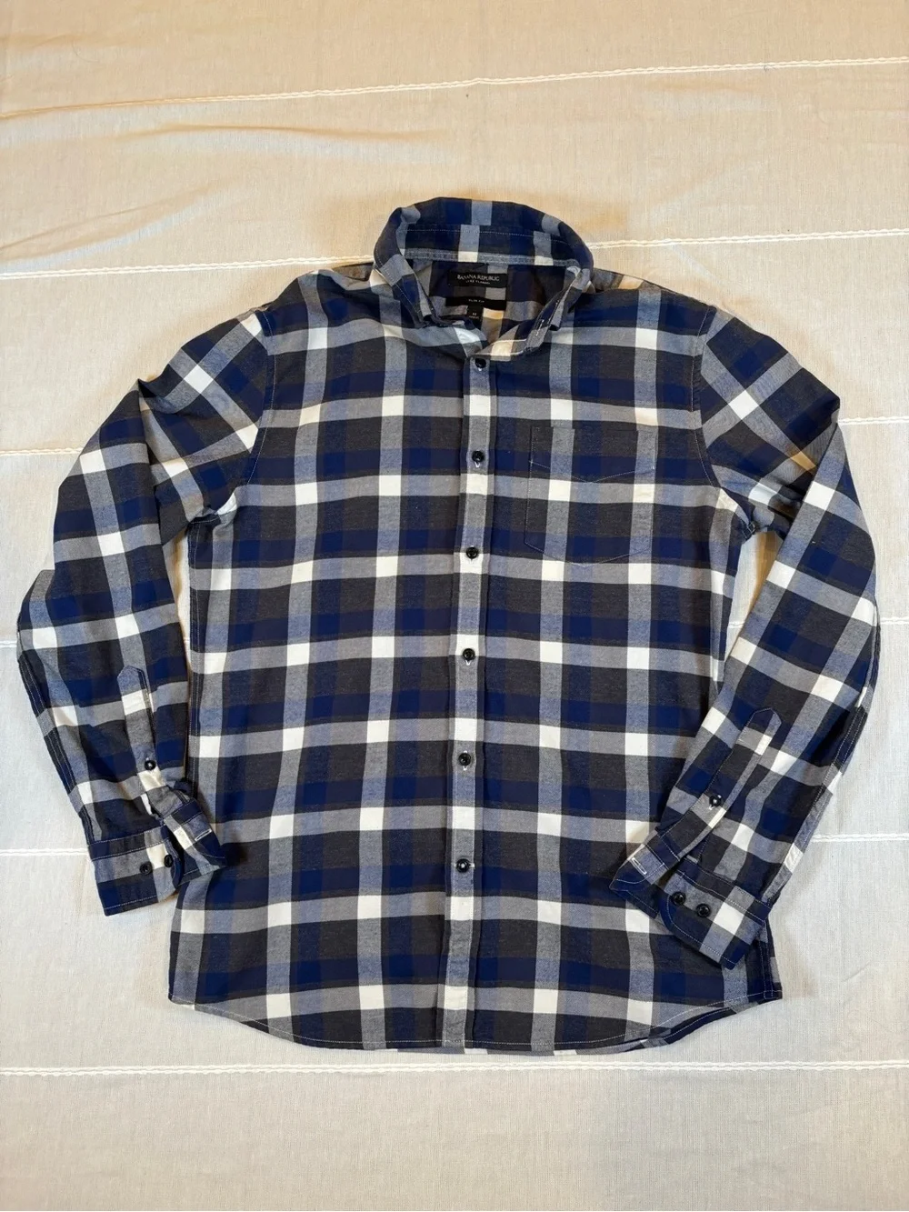 Banana Republic Luxe Flannel Slim Fit Shirt - Navy & Grey Plaid (Medium)